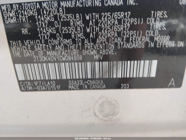 Продаж на аукціоні авто 2012 Toyota Rav4 Limited V6, vin: 2T3DK4DV1CW084998, номер лоту: 45545645