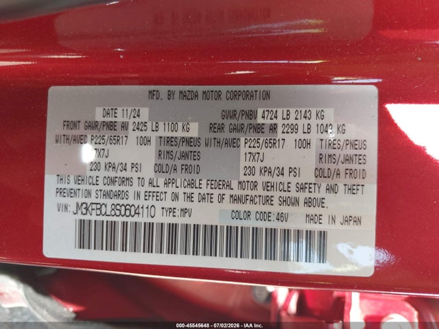 Aukcja sprzedaży 2025 Mazda Cx-5 2.5 S Preferred, vin: JM3KFBCL8S0604110, numer aukcji: 45545648