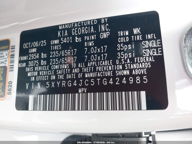 Aukcja sprzedaży 2026 Kia Sorento Lx, vin: 5XYRG4JC5TG424985, numer aukcji: 45545664