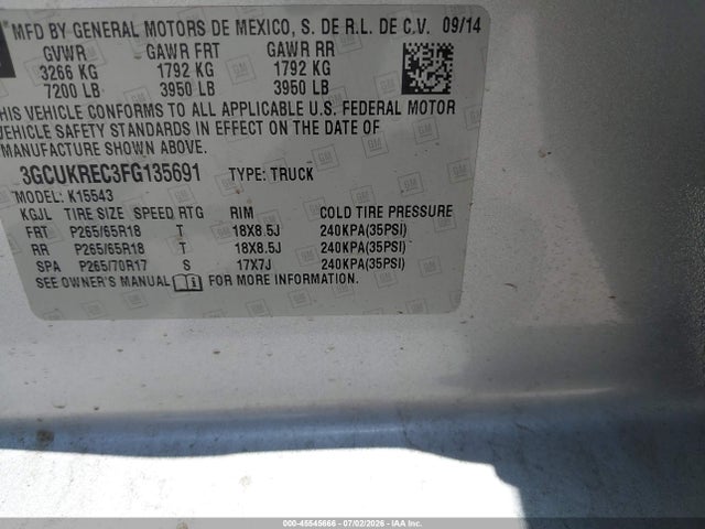Продаж на аукціоні авто 2015 Chevrolet Silverado 1500 Lt, vin: 3GCUKREC3FG135691, номер лоту: 45545666