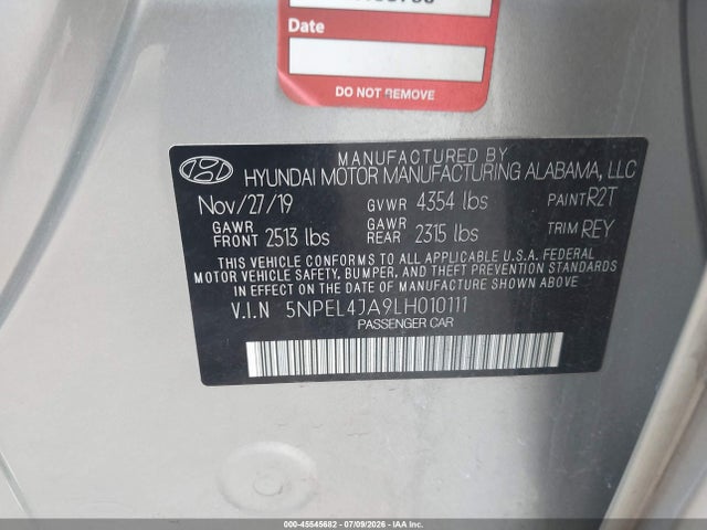 45545682 :رقم المزاد ، 5NPEL4JA9LH010111 vin ، 2020 Hyundai Sonata Sel مزاد بيع