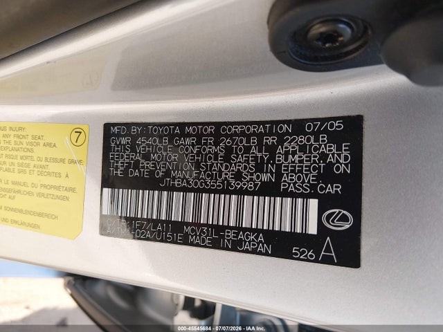 Aukcja sprzedaży 2005 Lexus Es 330, vin: JTHBA30G355139987, numer aukcji: 45545684