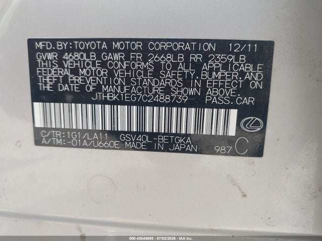 Aukcja sprzedaży 2012 Lexus Es 350, vin: JTHBK1EG7C2488739, numer aukcji: 45545695