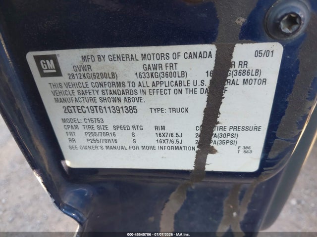 2001 Gmc Sierra 1500 Sle მანქანა იყიდება აუქციონზე, vin: 2GTEC19T611391385, აუქციონის ნომერი: 45545706