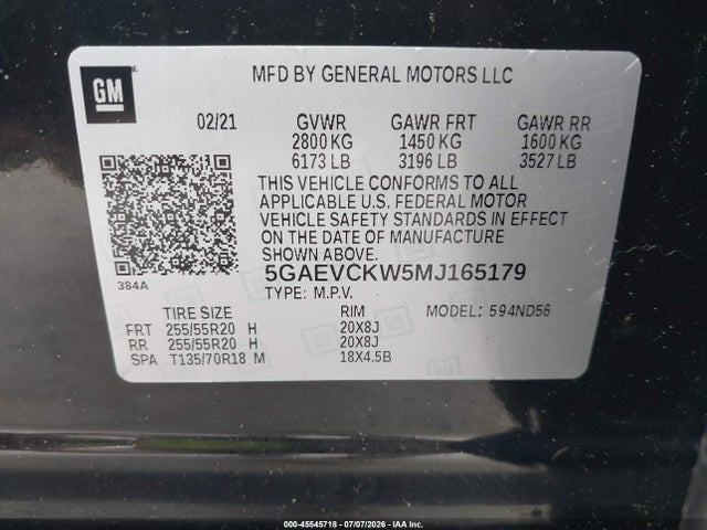 Продаж на аукціоні авто 2021 Buick Enclave Awd Avenir, vin: 5GAEVCKW5MJ165179, номер лоту: 45545718