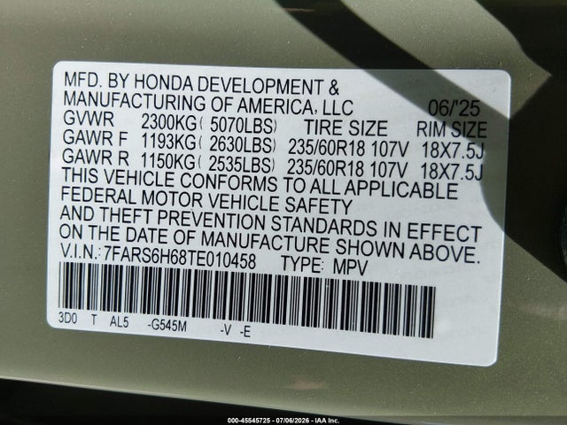 Aukcja sprzedaży 2026 Honda Cr-v Hybrid Awd Trailsport, vin: 7FARS6H68TE010458, numer aukcji: 45545725