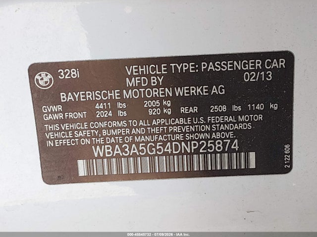 Продаж на аукціоні авто 2013 Bmw 328i, vin: WBA3A5G54DNP25874, номер лоту: 45545732