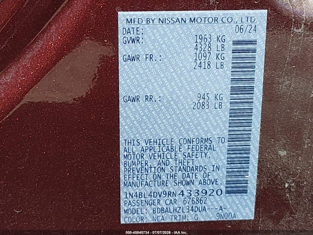 45545734 :رقم المزاد ، 1N4BL4DV9RN433920 vin ، 2024 Nissan Altima Sv Fwd مزاد بيع
