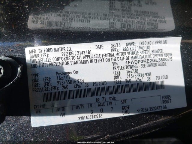 45545749 :رقم المزاد ، 1FADP3KE2GL380075 vin ، 2016 Ford Focus Se مزاد بيع