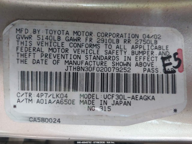 Aukcja sprzedaży 2002 Lexus Ls 430, vin: JTHBN30F020079252, numer aukcji: 45545752