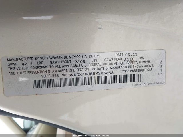 45545767 :رقم المزاد ، 3VWDX7AJ8BM385253 vin ، 2011 Volkswagen Jetta 2.5l Se مزاد بيع