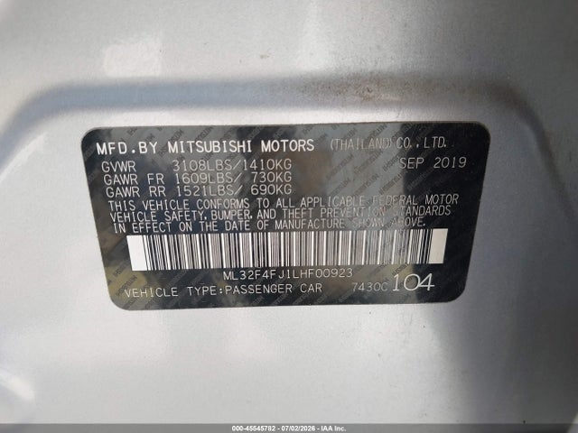 2020 Mitsubishi Mirage G4 Le მანქანა იყიდება აუქციონზე, vin: ML32F4FJ1LHF00923, აუქციონის ნომერი: 45545782