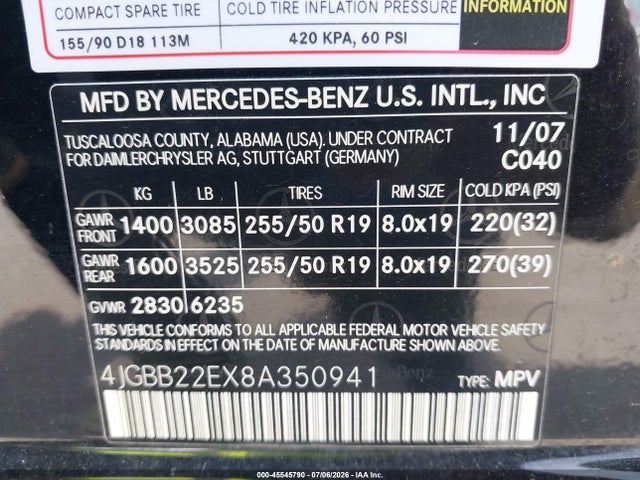 45545790 :رقم المزاد ، 4JGBB22EX8A350941 vin ، 2008 Mercedes-benz M-class 3.0l Cdi مزاد بيع