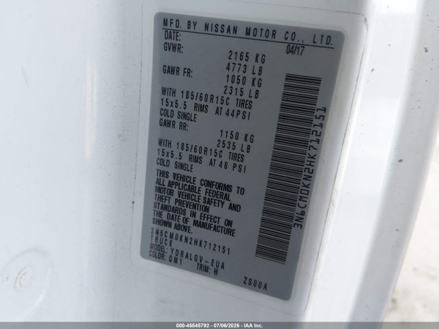 Aukcja sprzedaży 2017 Nissan Nv200 Sv, vin: 3N6CM0KN2HK712151, numer aukcji: 45545792