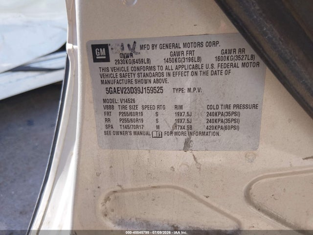 45545795 :رقم المزاد ، 5GAEV23D39J159525 vin ، 2009 Buick Enclave Cxl مزاد بيع
