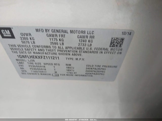 45545797 :رقم المزاد ، 1GNFLHEKXFZ111211 vin ، 2015 Chevrolet Equinox Ltz مزاد بيع