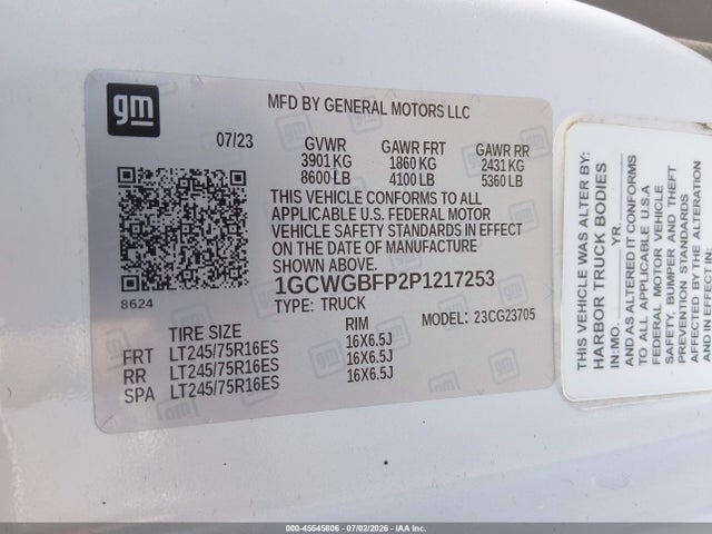 Продаж на аукціоні авто 2023 Chevrolet Express Cargo Rwd 2500 Extended Wheelbase Wt, vin: 1GCWGBFP2P1217253, номер лоту: 45545806
