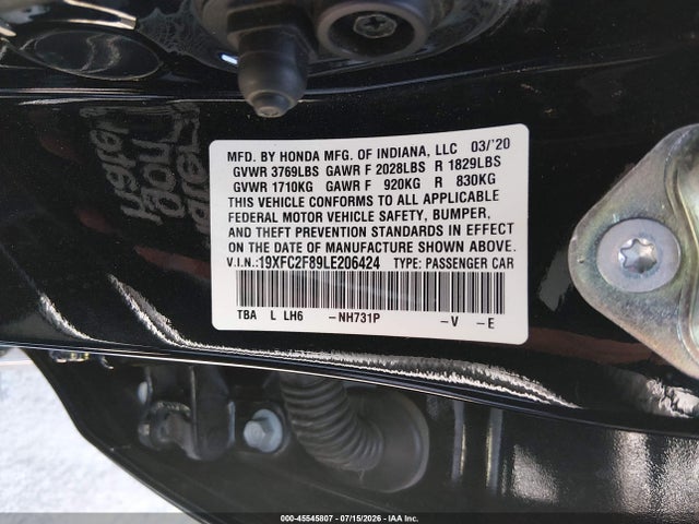 Продаж на аукціоні авто 2020 Honda Civic Sport, vin: 19XFC2F89LE206424, номер лоту: 45545807