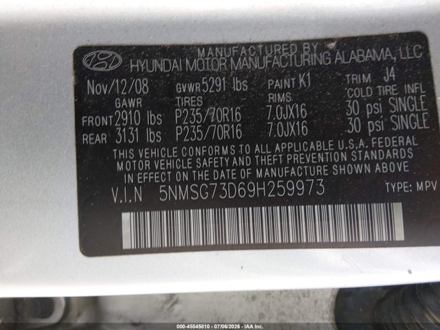 45545810 :رقم المزاد ، 5NMSG73D69H259973 vin ، 2009 Hyundai Santa Fe Gls مزاد بيع