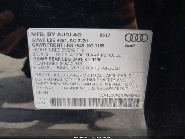 Aukcja sprzedaży 2018 Audi Q3 2.0t Premium/2.0t Sport Premium, vin: WA1JCCFS8JR007193, numer aukcji: 45545812