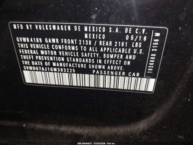 2016 Volkswagen Jetta 1.4t Se მანქანა იყიდება აუქციონზე, vin: 3VWD67AJ1GM383225, აუქციონის ნომერი: 45545821
