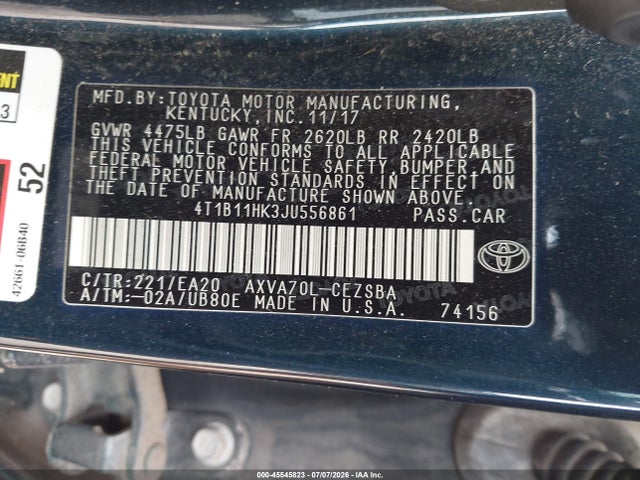 Продаж на аукціоні авто 2018 Toyota Camry Se, vin: 4T1B11HK3JU556861, номер лоту: 45545823