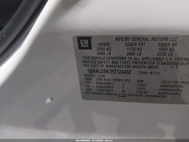 Продажа на аукционе авто 2015 Chevrolet Equinox Lt, vin: 1GNALCEK7FZ124432, номер лота: 45545828