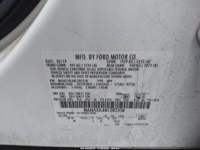 Продажа на аукционе авто 2019 Ford Ecosport Ses, vin: MAJ6S3JL6KC282358, номер лота: 45545839