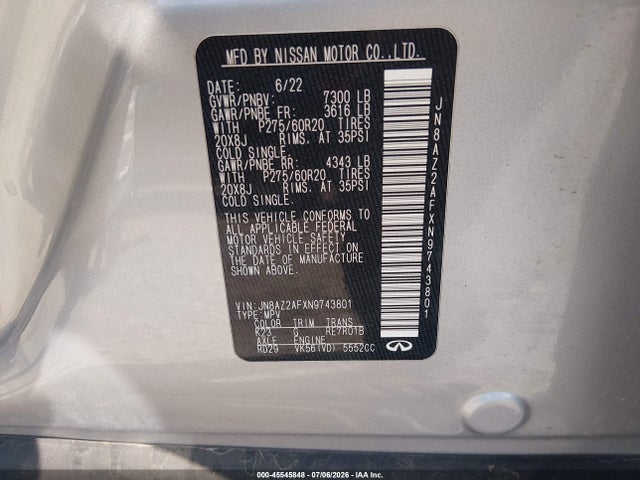 45545848 :رقم المزاد ، JN8AZ2AFXN9743801 vin ، 2022 Infiniti Qx80 Luxe مزاد بيع