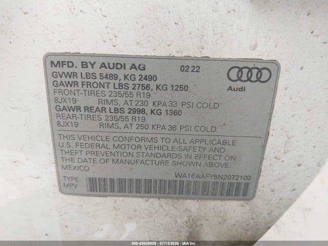 WA1EAAFY5N2072100 Audi Q5 Premium Plus 45 Tfsi S Line Quattro S Tronic
