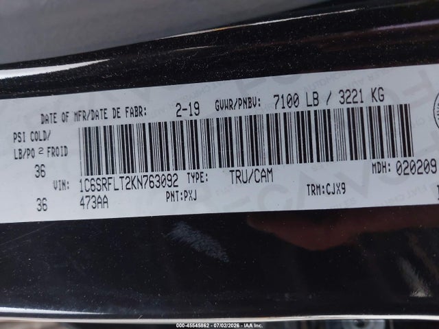 Продаж на аукціоні авто 2019 Ram 1500 Rebel, vin: 1C6SRFLT2KN763092, номер лоту: 45545862