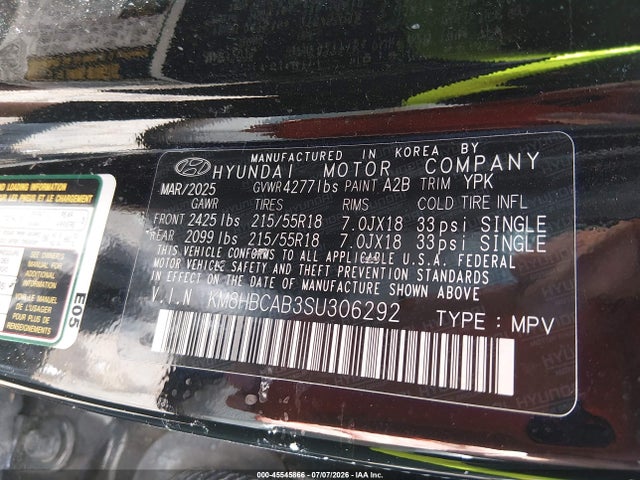 Aukcja sprzedaży 2025 Hyundai Kona Sel, vin: KM8HBCAB3SU306292, numer aukcji: 45545866