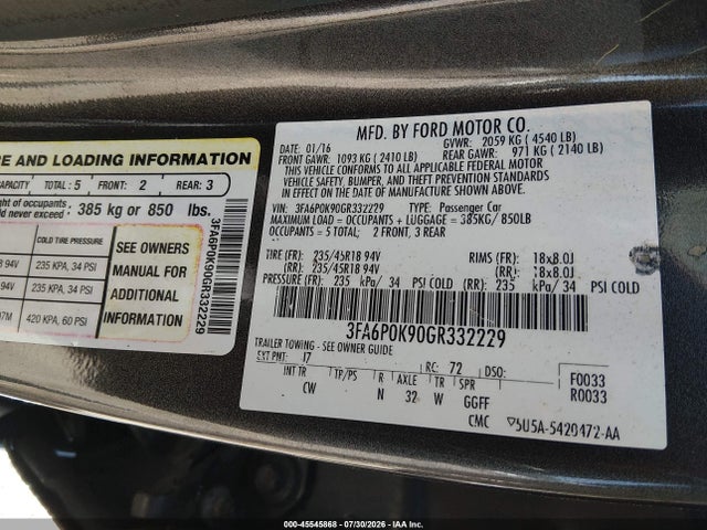 Ford Fusion Titanium 2016 3FA6P0K90GR332229 Image 9