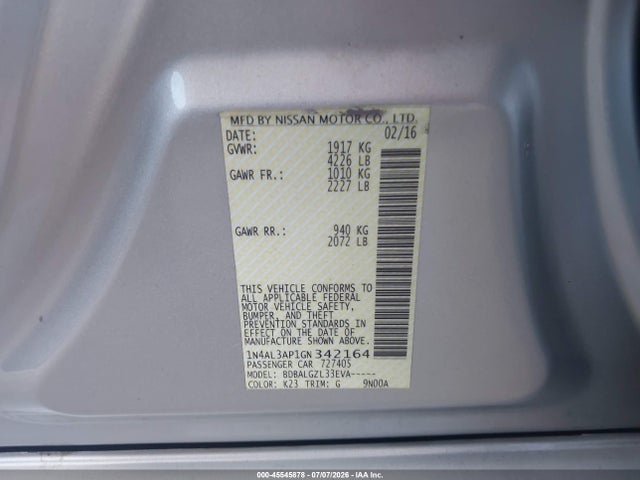 1N4AL3AP1GN342164 Nissan Altima 2.5/2.5 S/2.5 Sl/2.5 Sr/2.5 Sv