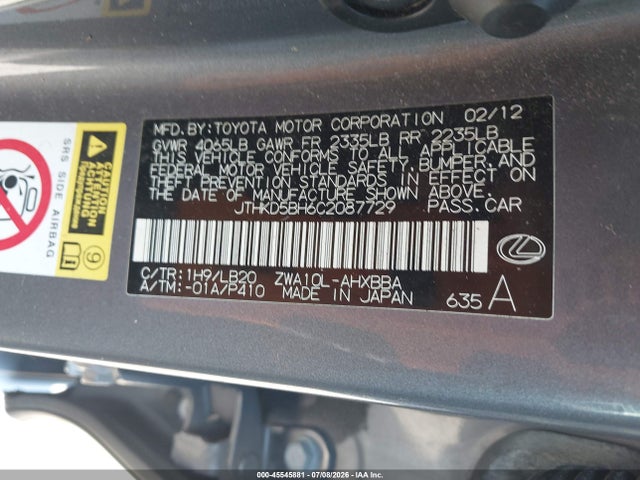 45545881 :رقم المزاد ، JTHKD5BH6C2087729 vin ، 2012 Lexus Ct 200h Premium مزاد بيع
