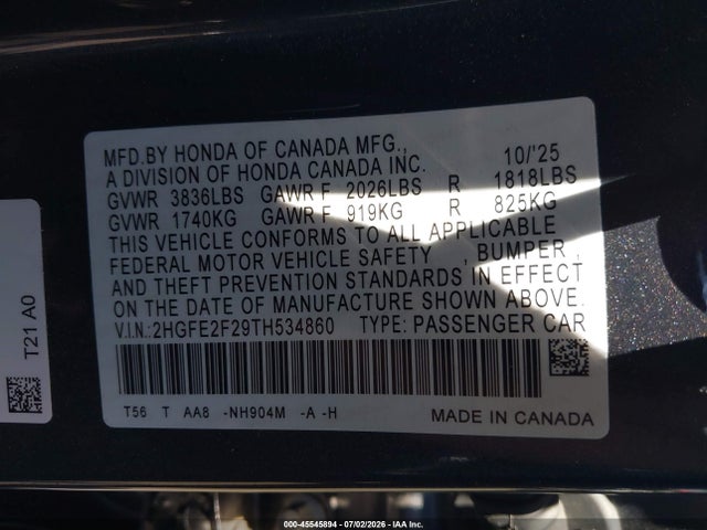 Honda Civic Lx 2026 2HGFE2F29TH534860 Image 9