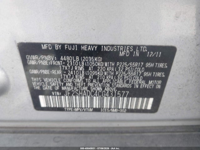 Aukcja sprzedaży 2012 Subaru Forester 2.5x Premium, vin: JF2SHADC4CG431577, numer aukcji: 45545931