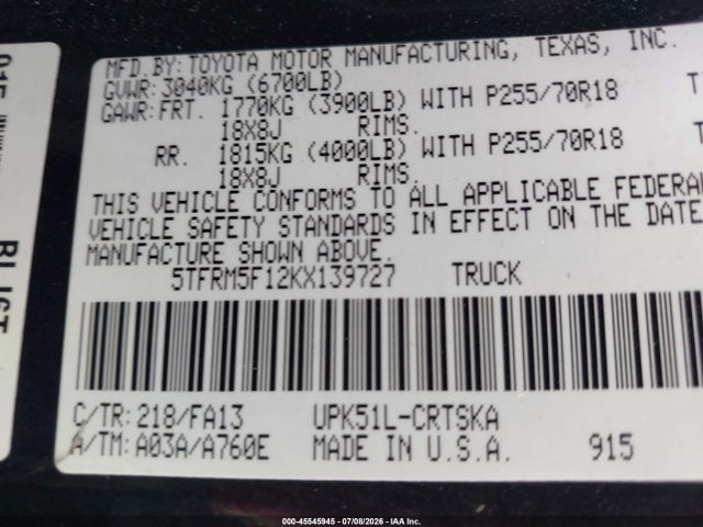 Продаж на аукціоні авто 2019 Toyota Tundra Sr 4.6l V8, vin: 5TFRM5F12KX139727, номер лоту: 45545945