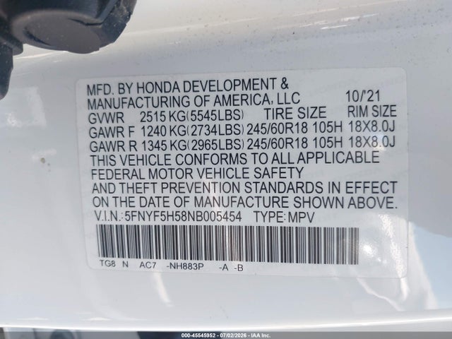 Honda Pilot 2wd Ex-l 2022 5FNYF5H58NB005454 Image 9