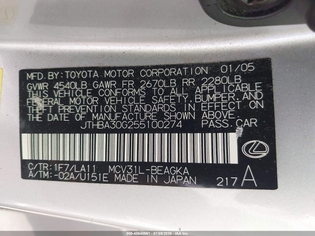 2005 Lexus Es 330 მანქანა იყიდება აუქციონზე, vin: JTHBA30G255100274, აუქციონის ნომერი: 45545961