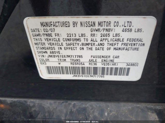 Продаж на аукціоні авто 2007 Infiniti G35 Journey, vin: JNKBV61E67M717785, номер лоту: 45545965