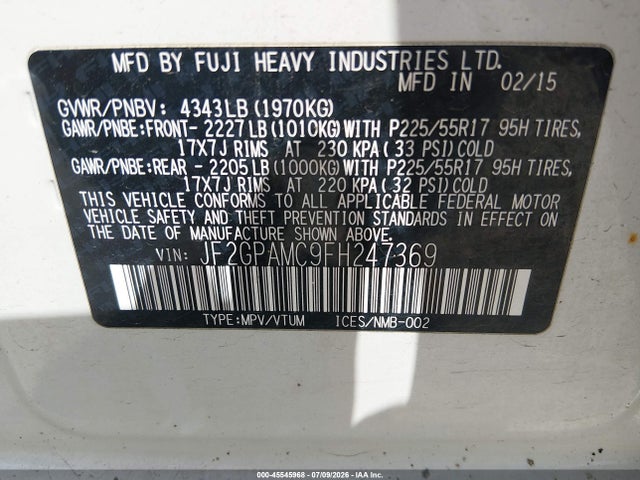 45545968 :رقم المزاد ، JF2GPAMC9FH247369 vin ، 2015 Subaru Xv Crosstrek 2.0i Limited مزاد بيع