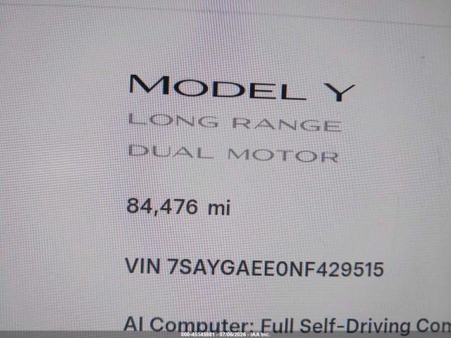 7SAYGAEE0NF429515 Tesla Model Y Long Range Dual Motor All-wheel Drive