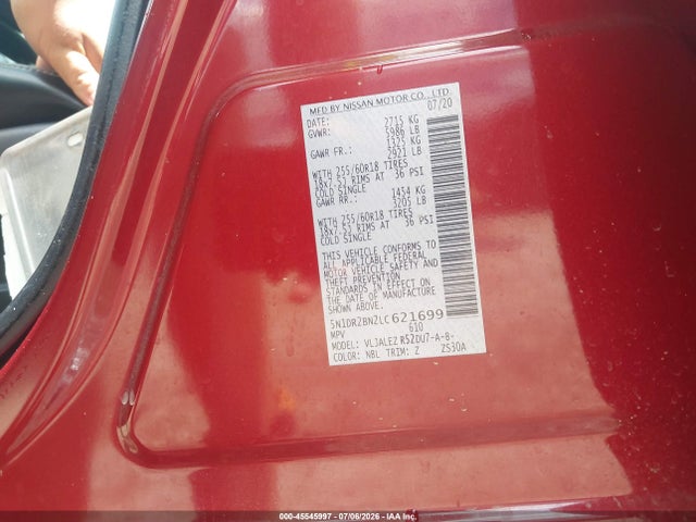 Продажа на аукционе авто 2020 Nissan Pathfinder Sv 2wd, vin: 5N1DR2BN2LC621699, номер лота: 45545997