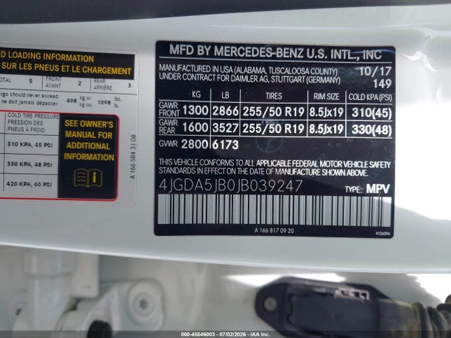 Aukcja sprzedaży 2018 Mercedes-benz Gle 350, vin: 4JGDA5JB0JB039247, numer aukcji: 45546003