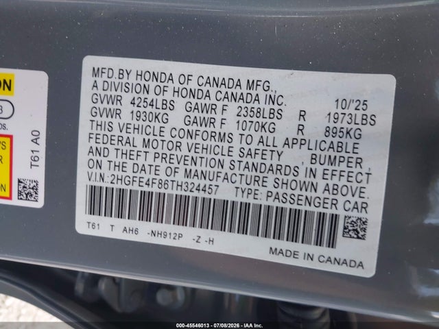 2HGFE4F86TH324457 Honda Civic Hybrid Sport/sport Touring