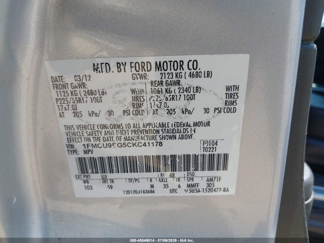 45546014 :رقم المزاد ، 1FMCU9EG5CKC41178 vin ، 2012 Ford Escape Limited مزاد بيع