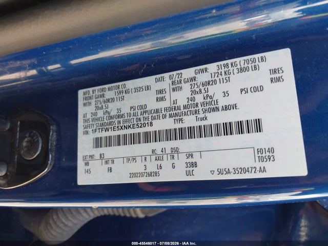 2022 Ford F-150 Xlt მანქანა იყიდება აუქციონზე, vin: 1FTFW1E5XNKE52018, აუქციონის ნომერი: 45546017