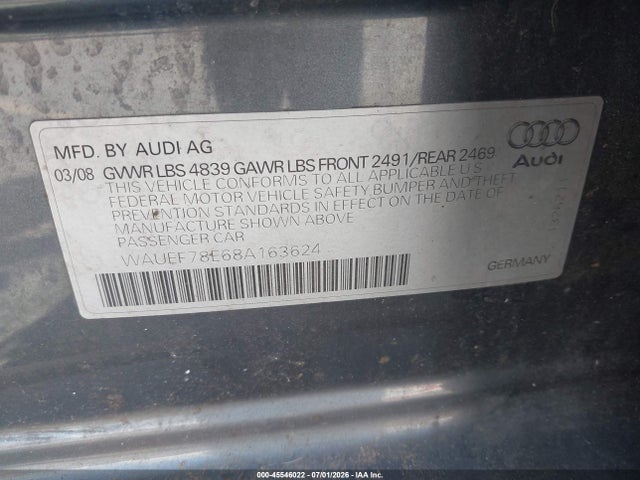 45546022 :رقم المزاد ، WAUEF78E68A163624 vin ، 2008 Audi A4 مزاد بيع