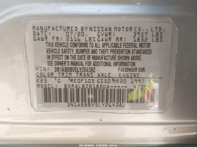 Продажа на аукционе авто 2020 Nissan Sentra S Xtronic Cvt, vin: 3N1AB8BV5LY264382, номер лота: 45546026
